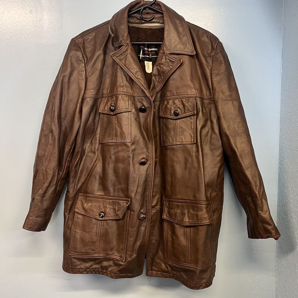 70s Vintage Ralph Edwards Brown Leather Jacket. Size 42 With Removable Zip Liner